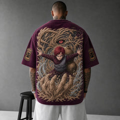 Unisex Oversized Anime-Print Vertical-Stripe Short-Sleeve T-Shirt