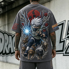Unisex Oversized Anime-Print Vertical-Stripe Short-Sleeve T-Shirt
