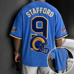 Unisex Loose-Fit Vertical-Stripe Short-Sleeve T-Shirt With Rugby Print