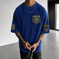 Unisex Loose-Fit Vertical-Stripe Short-Sleeve T-Shirt With Rugby Print