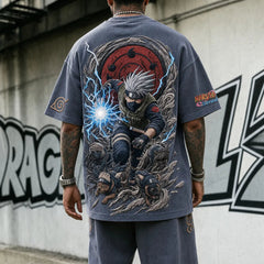 Unisex Oversized Anime-Print Vertical-Stripe Short-Sleeve T-Shirt