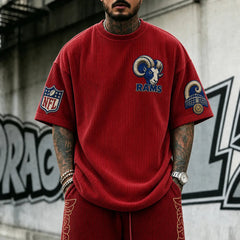 Unisex Loose-Fit Vertical-Stripe Short-Sleeve T-Shirt With Rugby Print