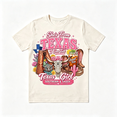Retro Texas Western Girl Bull Skull Cactus Cowboy Boots Tee
