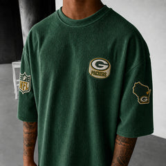 Unisex Loose-Fit Vertical-Stripe Short-Sleeve T-Shirt With Rugby Print