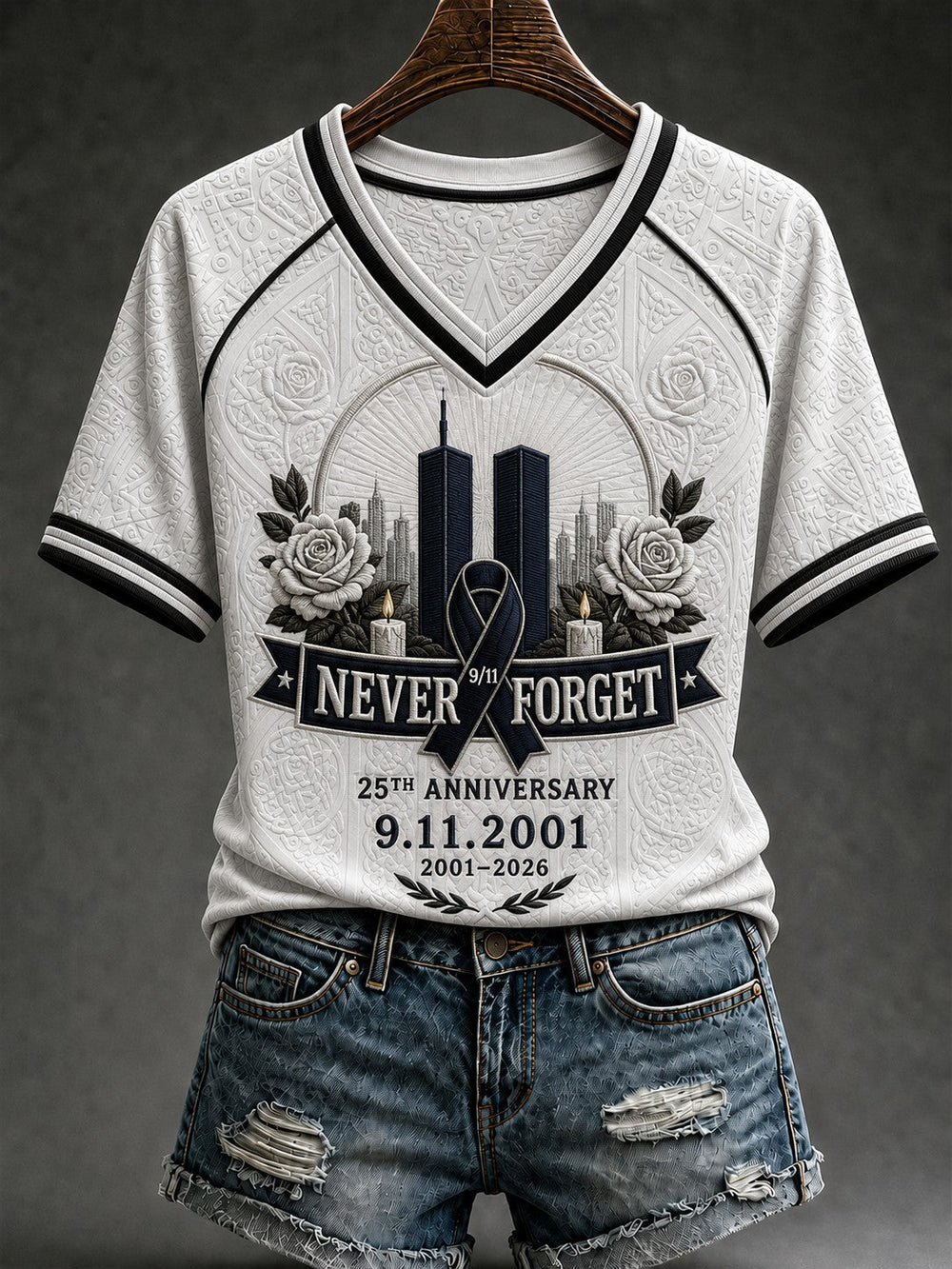Women's 9.11 Never Forget Printed V-neck T-shirt