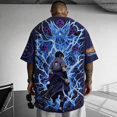 Unisex Oversized Anime-Print Vertical-Stripe Short-Sleeve T-Shirt