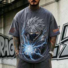 Unisex Oversized Anime-Print Vertical-Stripe Short-Sleeve T-Shirt