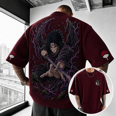 Unisex Oversized Anime-Print Vertical-Stripe Short-Sleeve T-Shirt