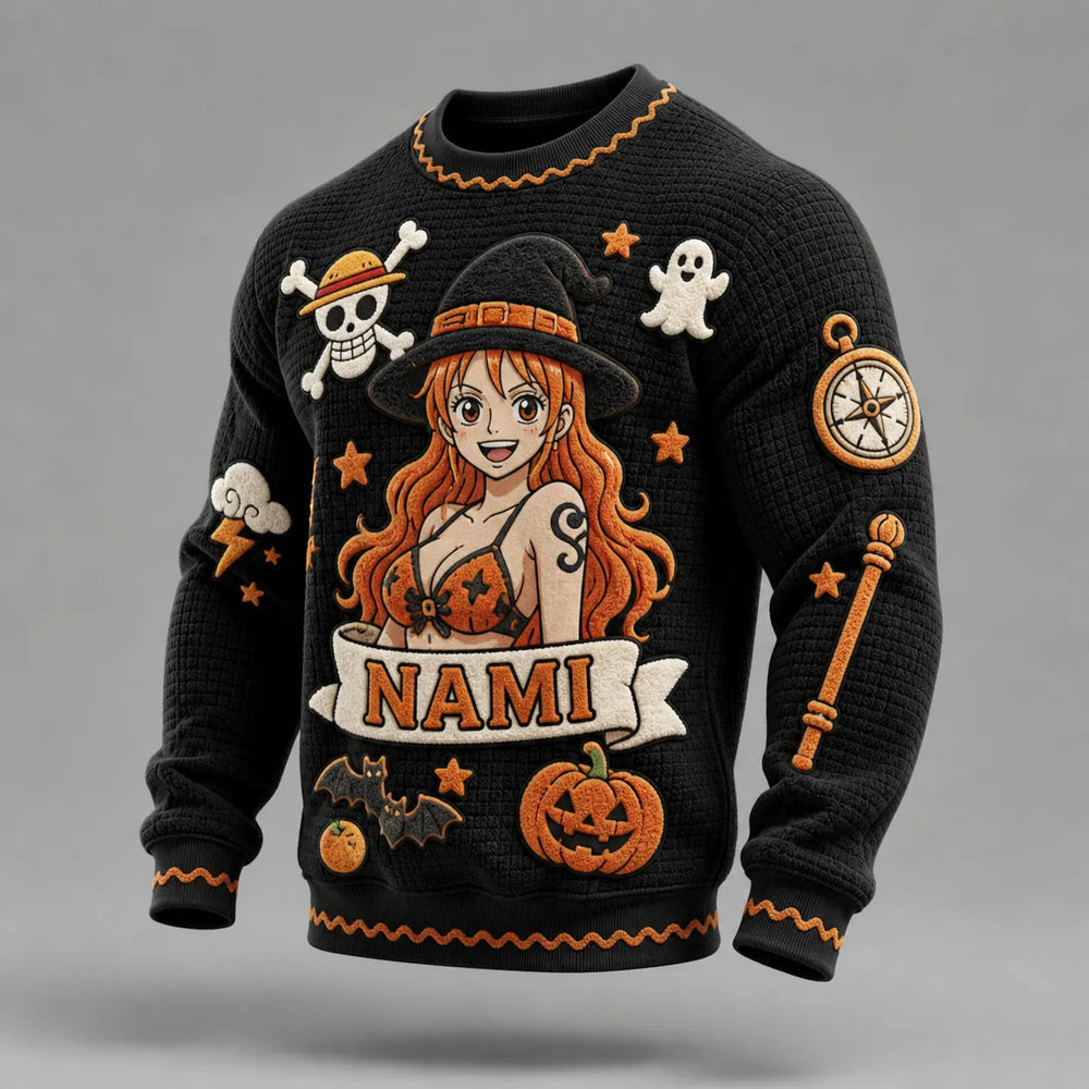 Halloween Anime Witch Themed Knitted Crew Neck Sweater