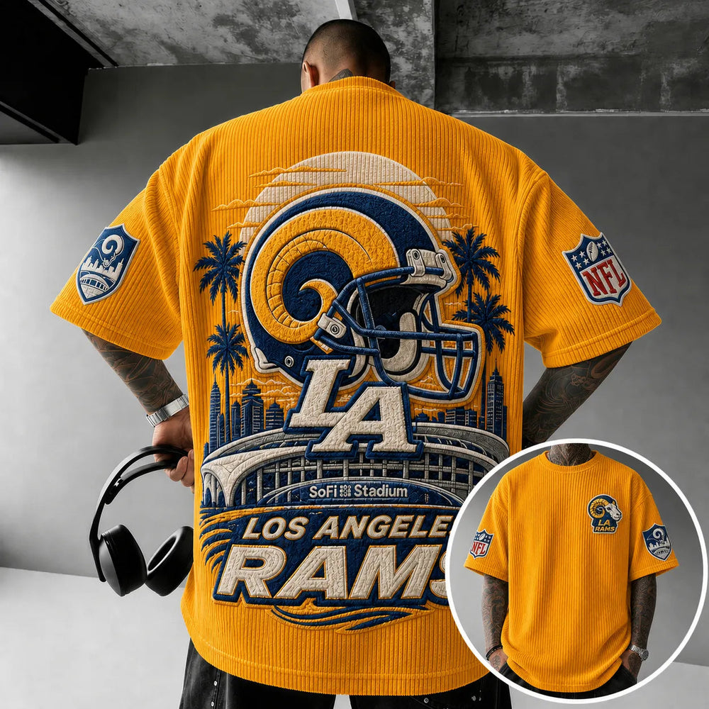 Unisex Loose-Fit Vertical-Stripe Short-Sleeve T-Shirt With Rugby Print
