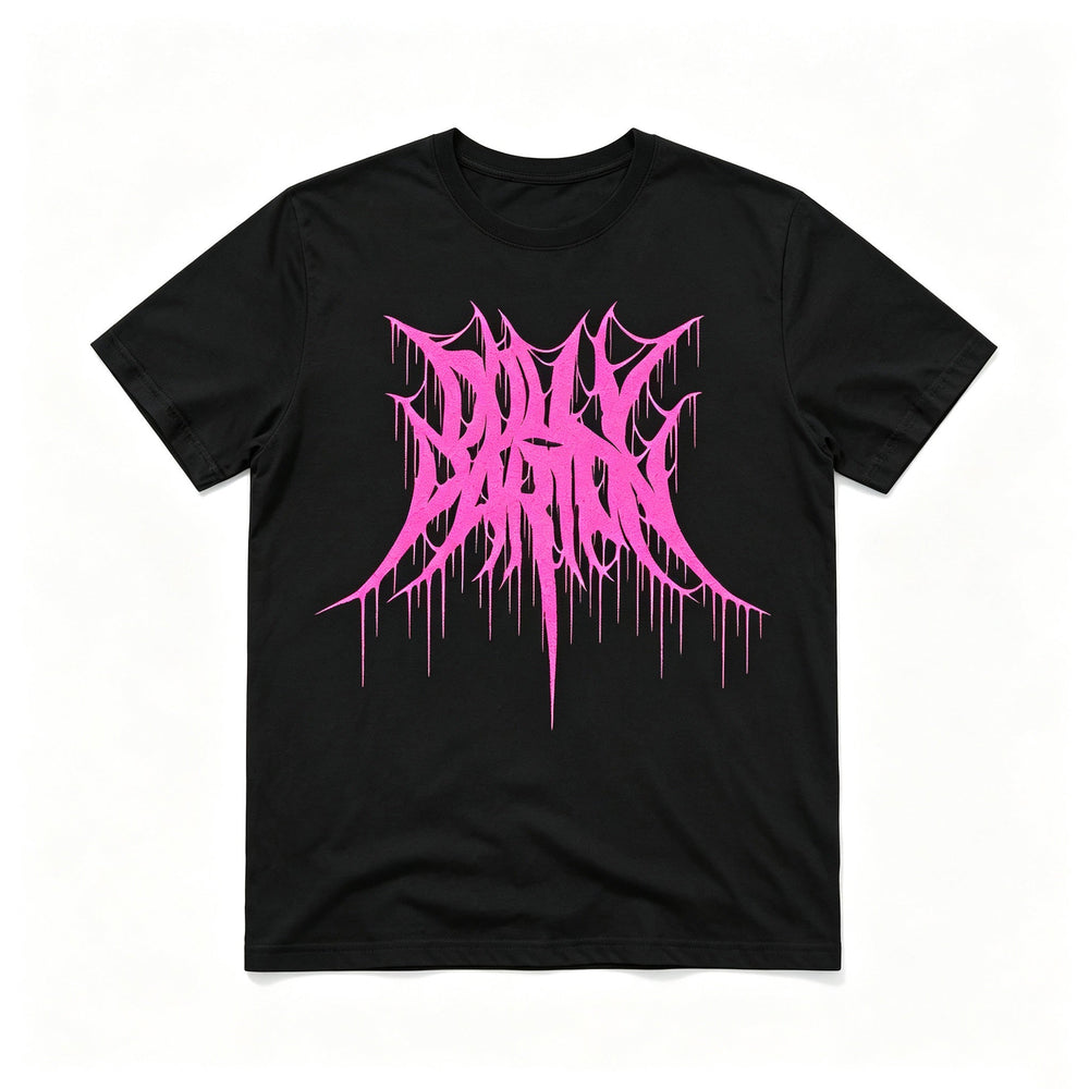 Dolly Parton Pink Death Metal Font Graphic Tee