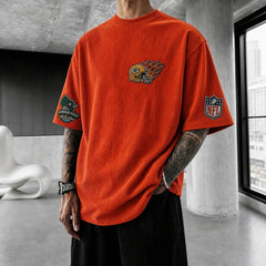 Unisex Loose-Fit Vertical-Stripe Short-Sleeve T-Shirt With Rugby Print