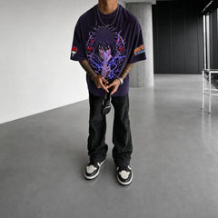 Unisex Oversized Anime-Print Vertical-Stripe Short-Sleeve T-Shirt
