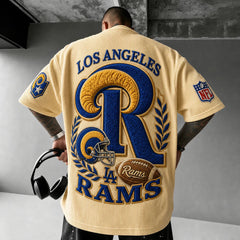 Unisex Loose-Fit Vertical-Stripe Short-Sleeve T-Shirt With Rugby Print
