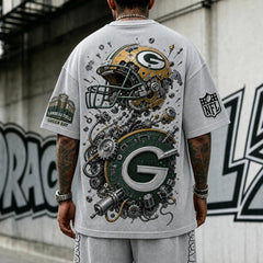 Unisex Loose-Fit Vertical-Stripe Short-Sleeve T-Shirt With Rugby Print