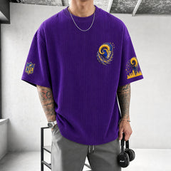 Unisex Loose-Fit Vertical-Stripe Short-Sleeve T-Shirt With Rugby Print