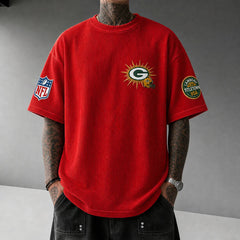Unisex Loose-Fit Vertical-Stripe Short-Sleeve T-Shirt With Rugby Print