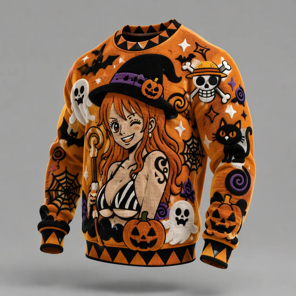 Anime Witch Halloween Graphic Long-Sleeve Knit Sweater