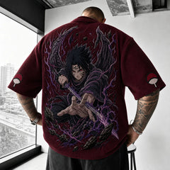 Unisex Oversized Anime-Print Vertical-Stripe Short-Sleeve T-Shirt