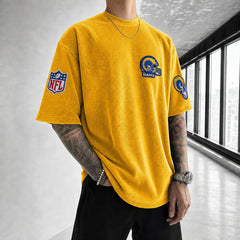 Unisex Loose-Fit Vertical-Stripe Short-Sleeve T-Shirt With Rugby Print