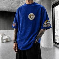 Unisex Loose-Fit Vertical-Stripe Short-Sleeve T-Shirt With Rugby Print