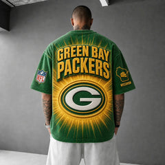 Unisex Loose-Fit Vertical-Stripe Short-Sleeve T-Shirt With Rugby Print