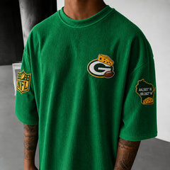 Unisex Loose-Fit Vertical-Stripe Short-Sleeve T-Shirt With Rugby Print