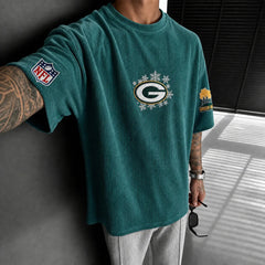 Unisex Loose-Fit Vertical-Stripe Short-Sleeve T-Shirt With Rugby Print