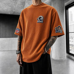 Unisex Loose-Fit Vertical-Stripe Short-Sleeve T-Shirt With Rugby Print