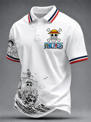 Red Pique Cotton Polo Shirt With Embroidered Skull & Swords