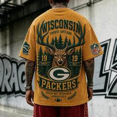 Unisex Loose-Fit Vertical-Stripe Short-Sleeve T-Shirt With Rugby Print