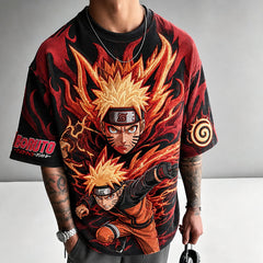 Unisex Oversized Anime-Print Vertical-Stripe Short-Sleeve T-Shirt
