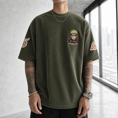 Unisex Oversized Anime-Print Vertical-Stripe Short-Sleeve T-Shirt