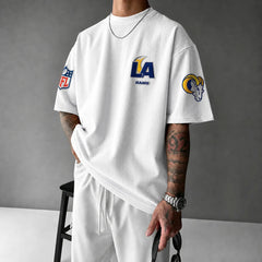 Unisex Loose-Fit Vertical-Stripe Short-Sleeve T-Shirt With Rugby Print
