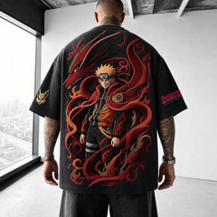 Unisex Oversized Anime-Print Vertical-Stripe Short-Sleeve T-Shirt