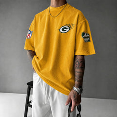 Unisex Loose-Fit Vertical-Stripe Short-Sleeve T-Shirt With Rugby Print