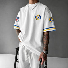 Unisex Loose-Fit Vertical-Stripe Short-Sleeve T-Shirt With Rugby Print