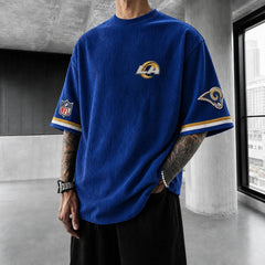 Unisex Loose-Fit Vertical-Stripe Short-Sleeve T-Shirt With Rugby Print
