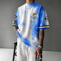 Unisex Loose-Fit Vertical-Stripe Short-Sleeve T-Shirt With Rugby Print