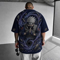 Unisex Oversized Anime-Print Vertical-Stripe Short-Sleeve T-Shirt