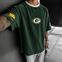 Unisex Loose-Fit Vertical-Stripe Short-Sleeve T-Shirt With Rugby Print