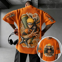 Unisex Oversized Anime-Print Vertical-Stripe Short-Sleeve T-Shirt