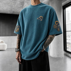 Unisex Loose-Fit Vertical-Stripe Short-Sleeve T-Shirt With Rugby Print