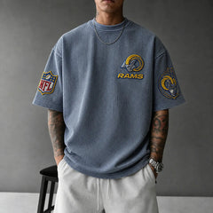Unisex Loose-Fit Vertical-Stripe Short-Sleeve T-Shirt With Rugby Print