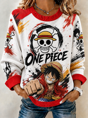 Women's Anime Graphic Waffle Knit Crewneck Sweatshirt