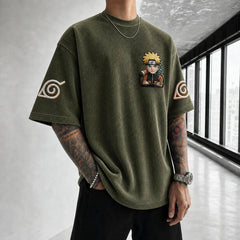 Unisex Oversized Anime-Print Vertical-Stripe Short-Sleeve T-Shirt