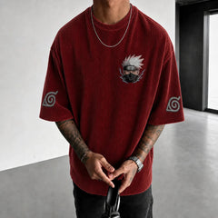 Unisex Oversized Anime-Print Vertical-Stripe Short-Sleeve T-Shirt