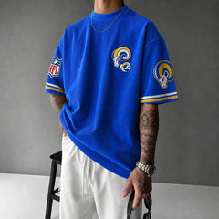 Unisex Loose-Fit Vertical-Stripe Short-Sleeve T-Shirt With Rugby Print