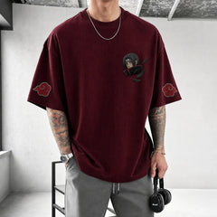 Unisex Oversized Anime-Print Vertical-Stripe Short-Sleeve T-Shirt