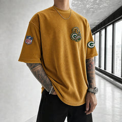Unisex Loose-Fit Vertical-Stripe Short-Sleeve T-Shirt With Rugby Print